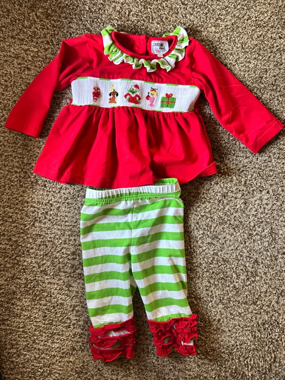 Carolina smock grinch smock Top & Green Stripe Leggings Holiday Set
